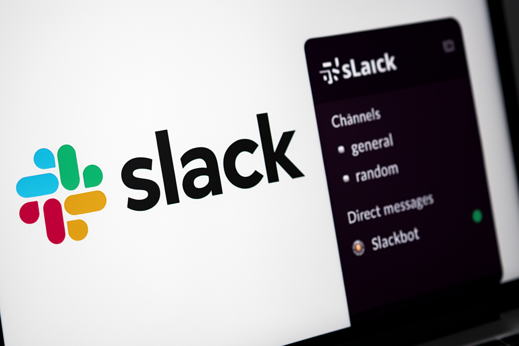 Slack revu Illustration showing Slack interface with team chat and collaboration tools for modern workplaces in 2025