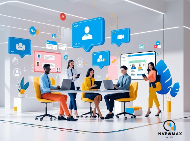 Team communication software collaboration tools, professional team using digital devices like laptops, smartphones, and tablets for seamless communication and productivity in a modern workspace. Image showcasing chat bubbles, video calls, and file-sharing icons