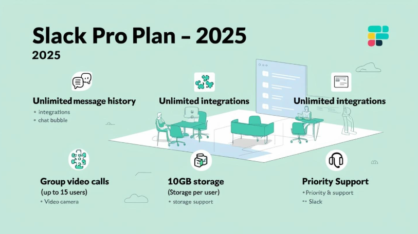 Visual comparison of Slack Pro Plan highlighting $6.67 per user/month pricing, unlimited message history, group video calls with screen sharing, 10GB storage per user, and full integration access—perfect for small to medium teams upgrading from the free plan.