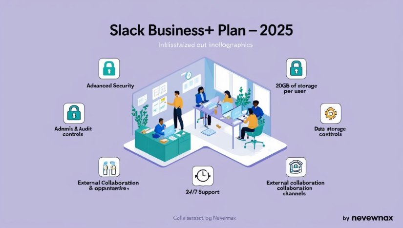 Illustration of Slack Business+ Plan with $12.50 per user/month pricing, showcasing features like 20GB storage per user, data exports, multi-workspace support, advanced security, priority support, and HIPAA compliance—ideal for medium to large organizations.